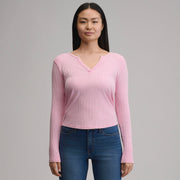 Women's Long-Sleeve Rib Y-Neck Henley - Bubble Gum