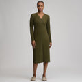 Women's Long-Sleeve Button Front Ribbed Knit Midi Dress
